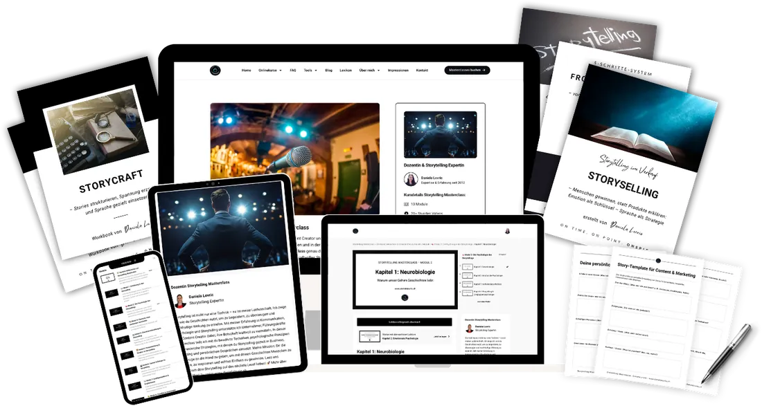 Storytelling Masterclass auf Laptop, Tablet und Handy