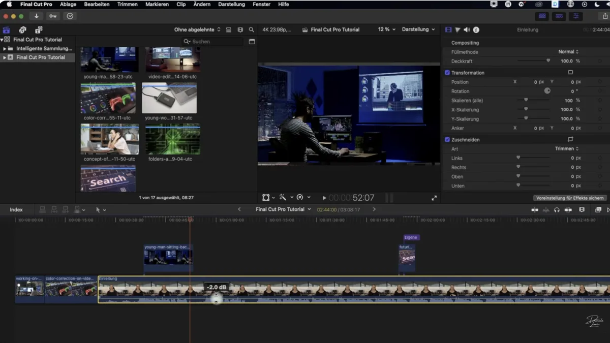 Screenshot aus dem Final Cut Pro Tutorial von Daniela Isik: Schnittoberfläche mit Timeline